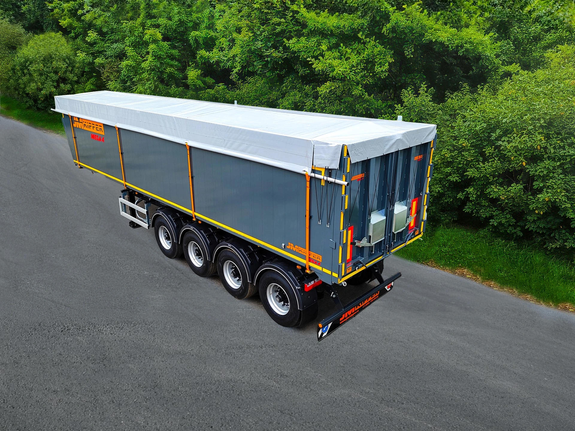 Четырехосный самосвальный алюминиевый полуприцеп JM Kipper MEGA 4 (затентованный сзади)